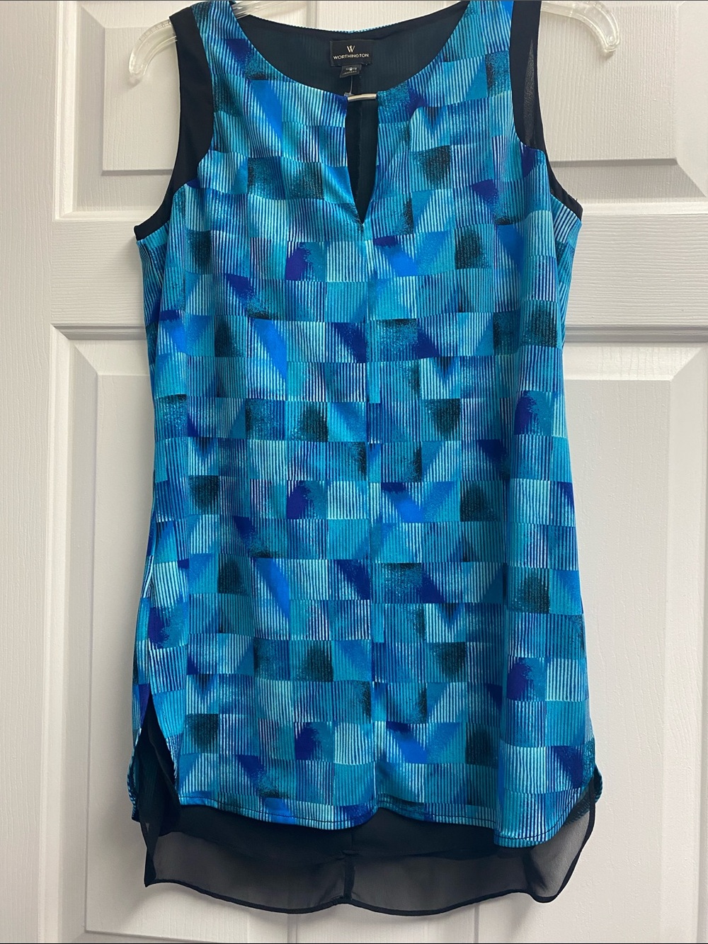 Worthington Blue Geometric Sleeveless Tunic Blouse - size small